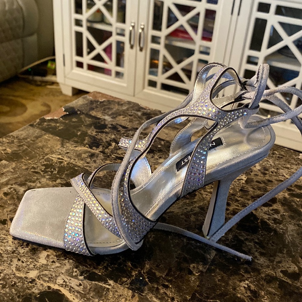 Silver iridescent  Elegant rhinestone strappy high heel shoes